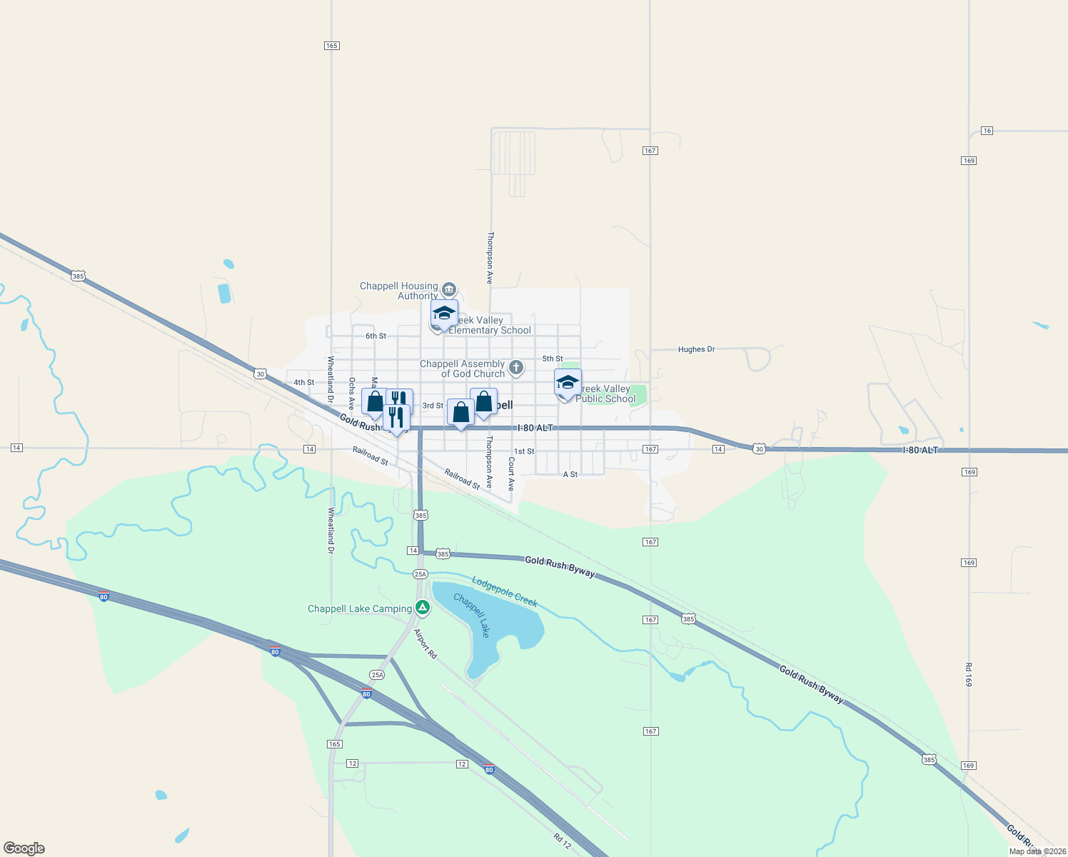 map of restaurants, bars, coffee shops, grocery stores, and more near 1299 Lincoln Highway in Chappell