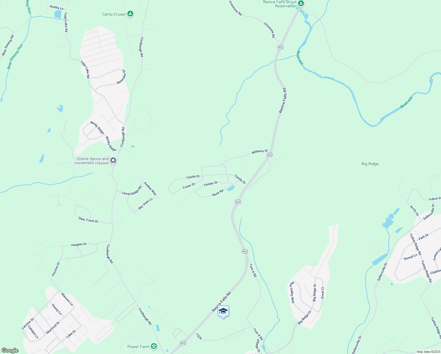 map of restaurants, bars, coffee shops, grocery stores, and more near 157 Castle Drive in East Stroudsburg