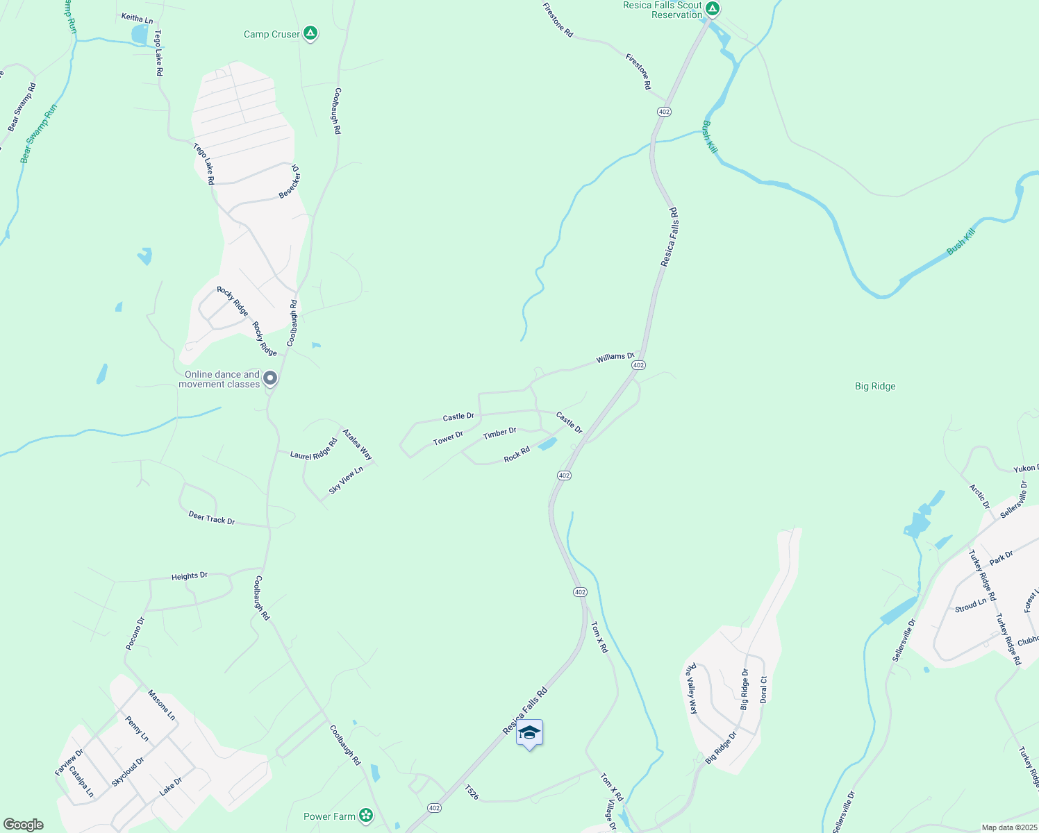map of restaurants, bars, coffee shops, grocery stores, and more near 157 Castle Drive in East Stroudsburg
