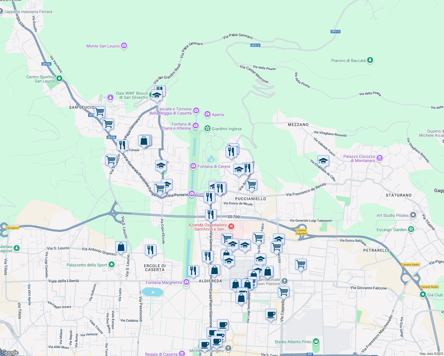 map of restaurants, bars, coffee shops, grocery stores, and more near 45 Via dei Giardini in Caserta