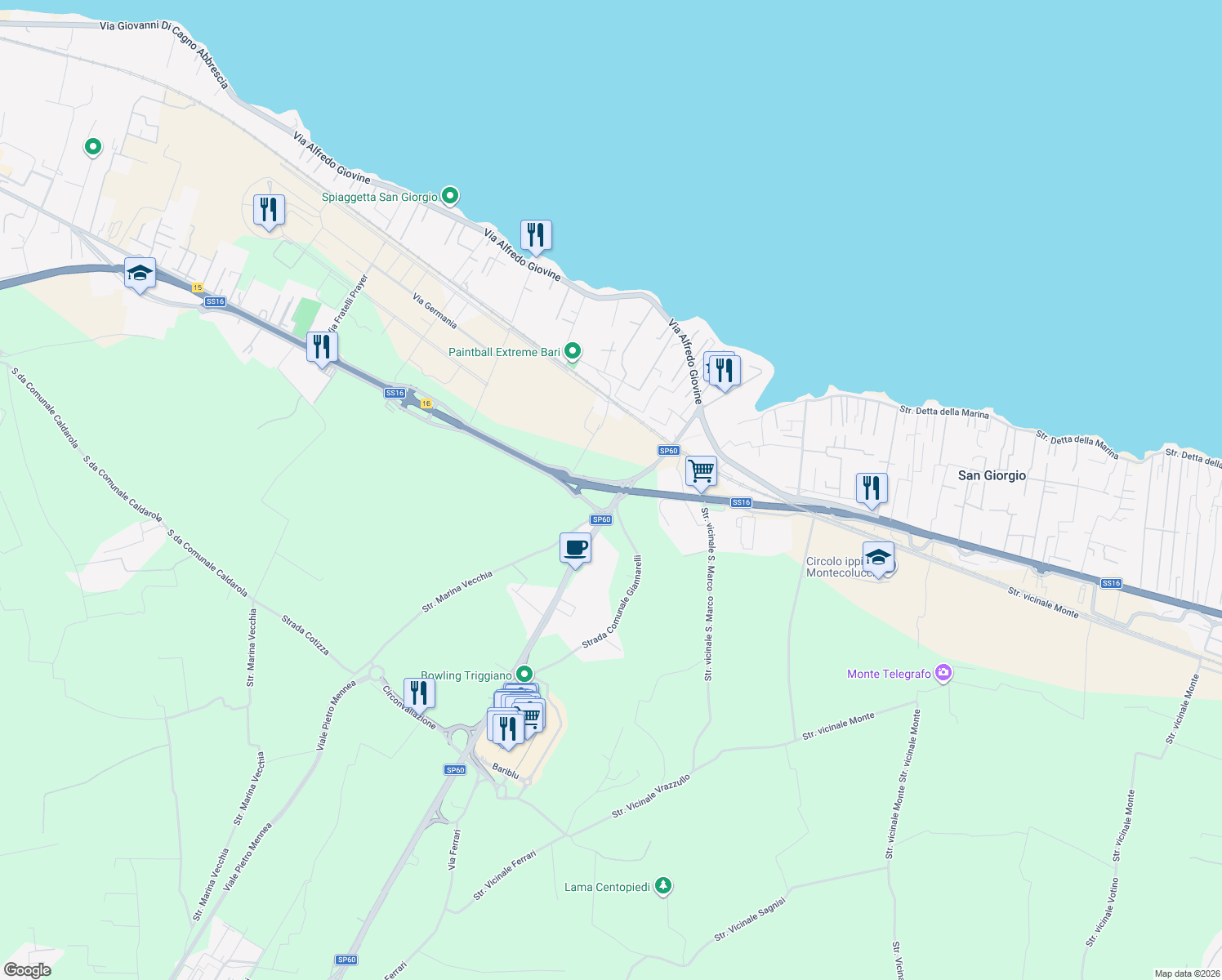 map of restaurants, bars, coffee shops, grocery stores, and more near 114 Via Giovanni Gentile in Bari