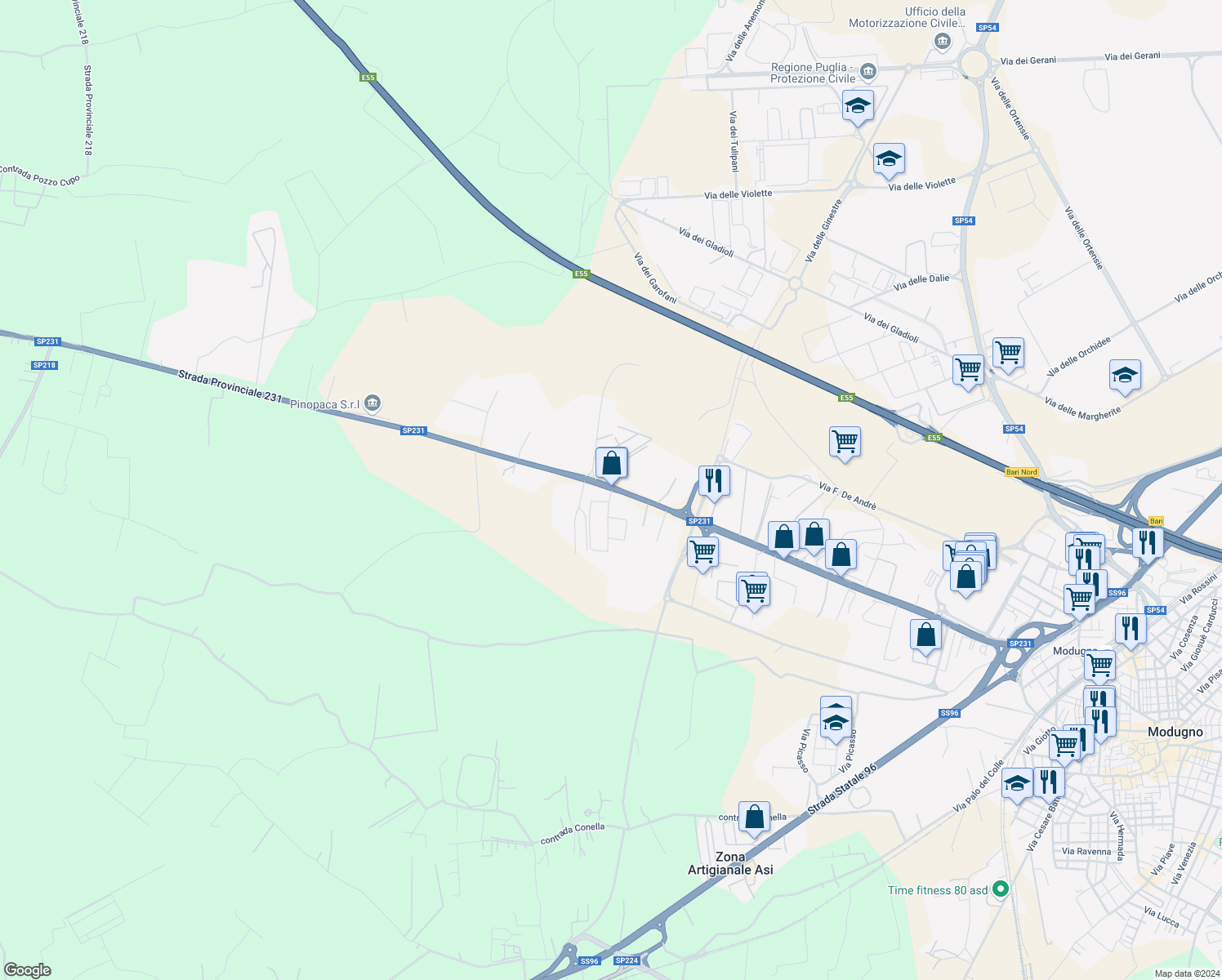 map of restaurants, bars, coffee shops, grocery stores, and more near 321 Strada Provinciale 231 in Modugno