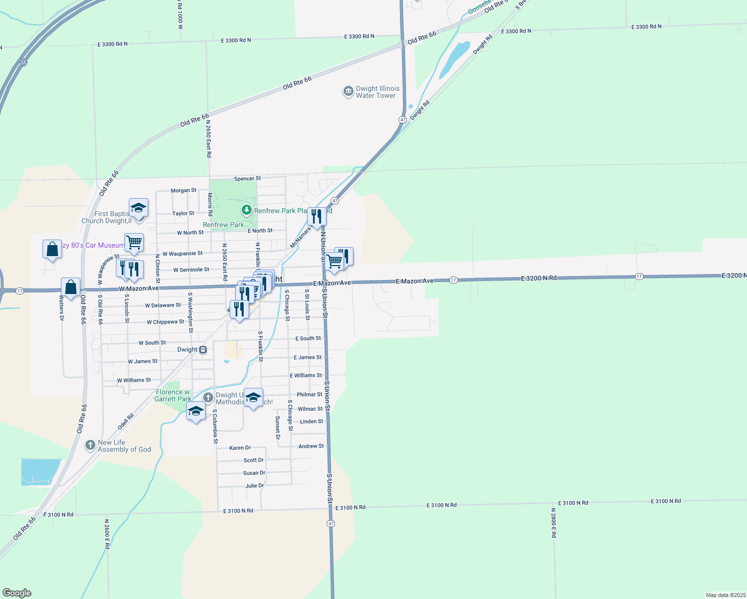 map of restaurants, bars, coffee shops, grocery stores, and more near 138 Bannon Drive in Dwight