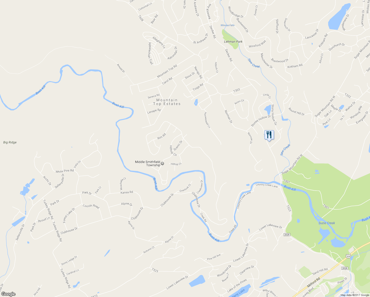 map of restaurants, bars, coffee shops, grocery stores, and more near 23 Hilltop Circle in East Stroudsburg