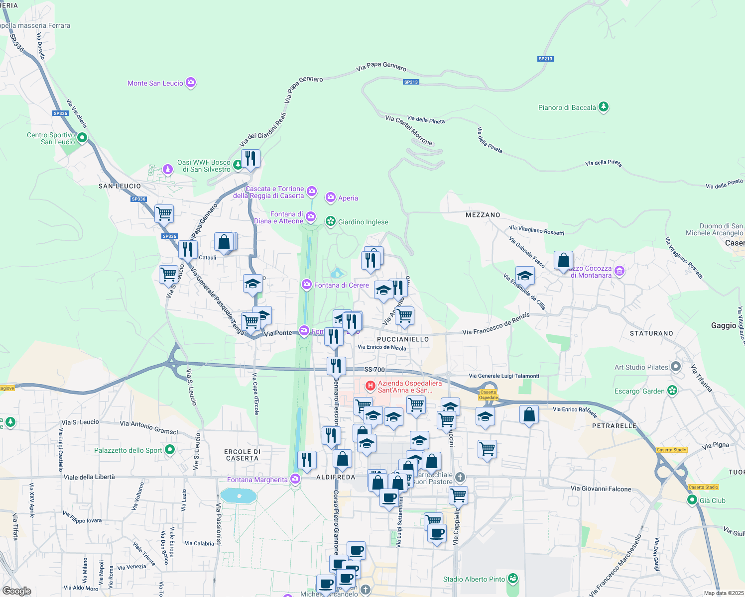 map of restaurants, bars, coffee shops, grocery stores, and more near 45/A Via dei Giardini in Caserta