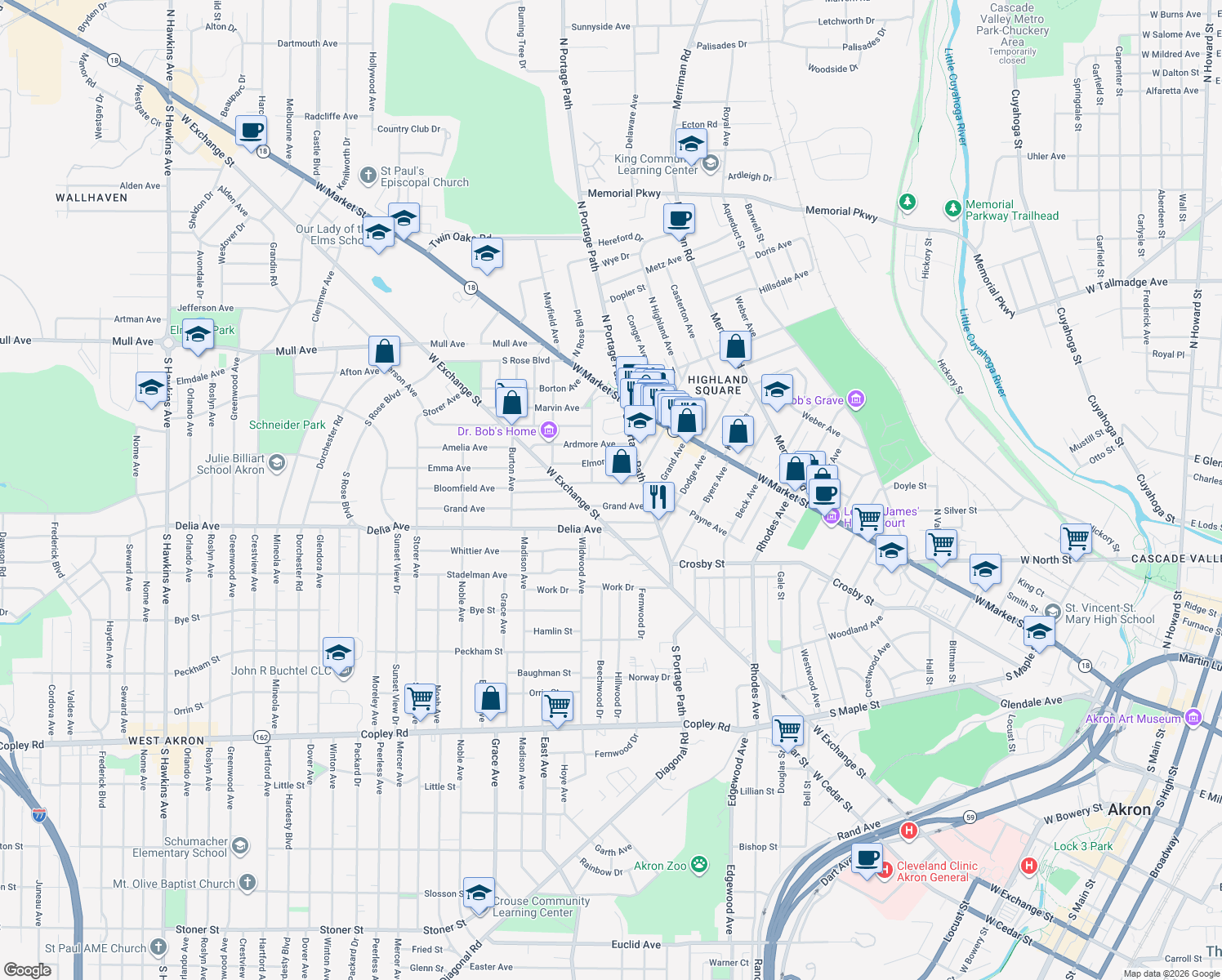 map of restaurants, bars, coffee shops, grocery stores, and more near 826 Bloomfield Avenue in Akron