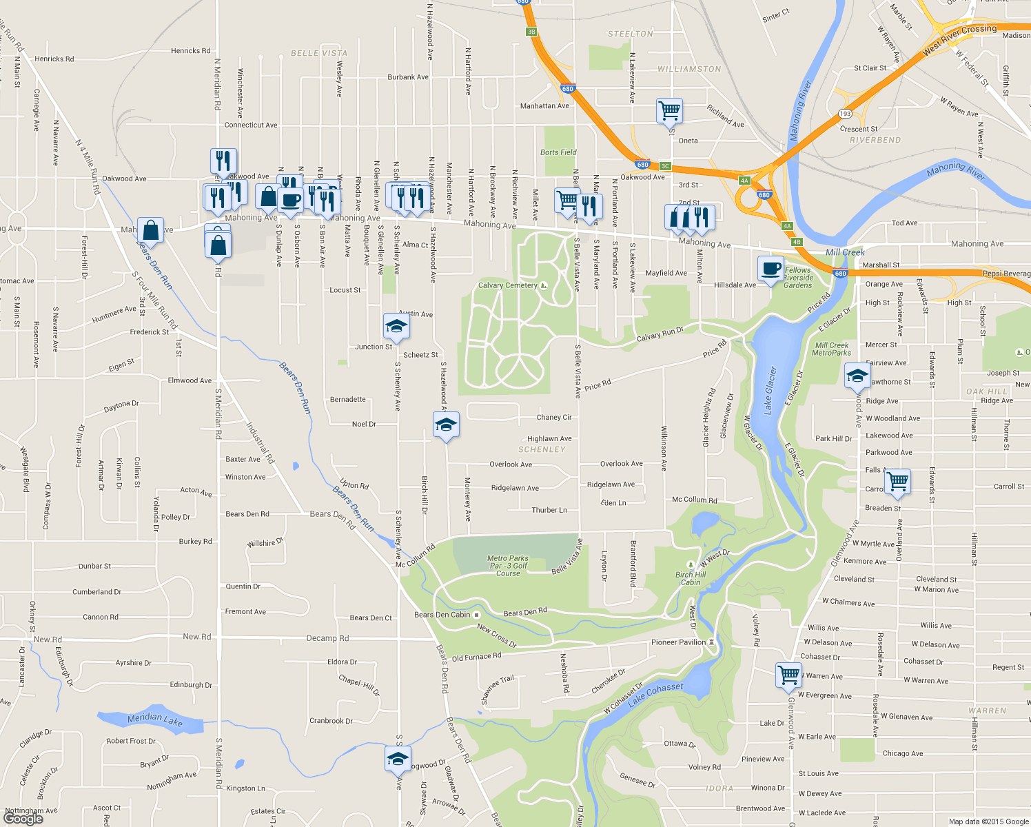 map of restaurants, bars, coffee shops, grocery stores, and more near 2206 Chaney Circle in Youngstown