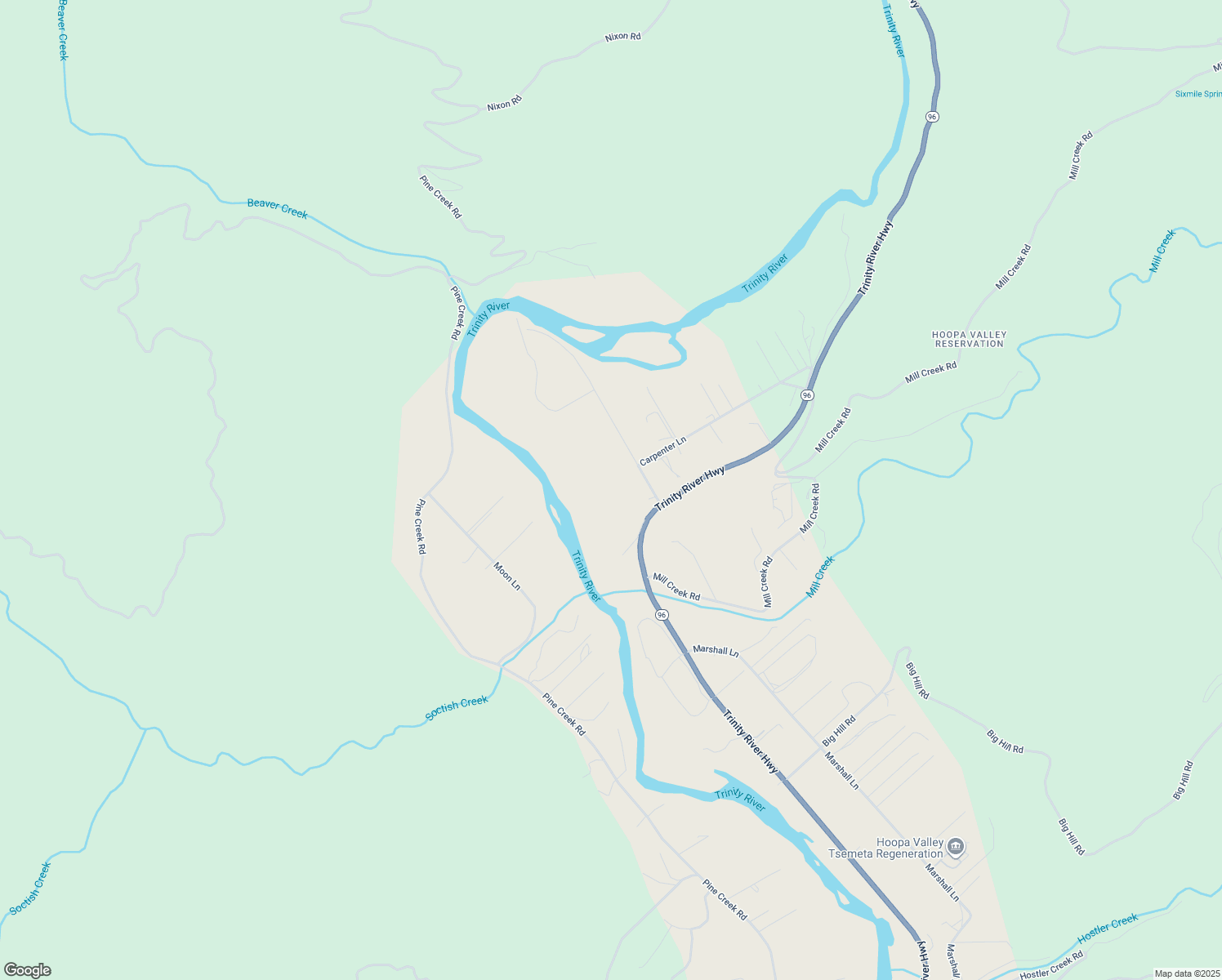 map of restaurants, bars, coffee shops, grocery stores, and more near Carpenter Lane in Hoopa