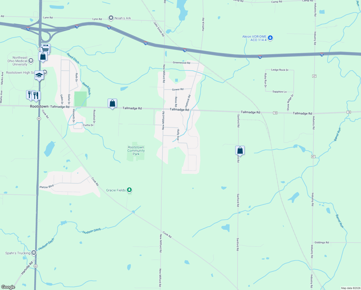 map of restaurants, bars, coffee shops, grocery stores, and more near 4938 Kelly Ave in Rootstown