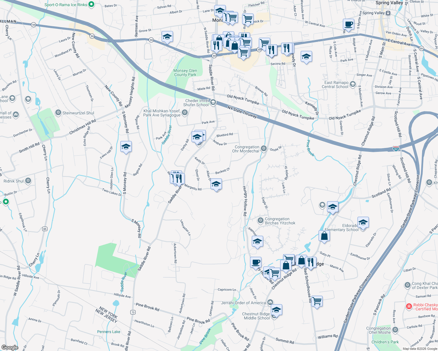 map of restaurants, bars, coffee shops, grocery stores, and more near 5 Beckett Ct in Monsey