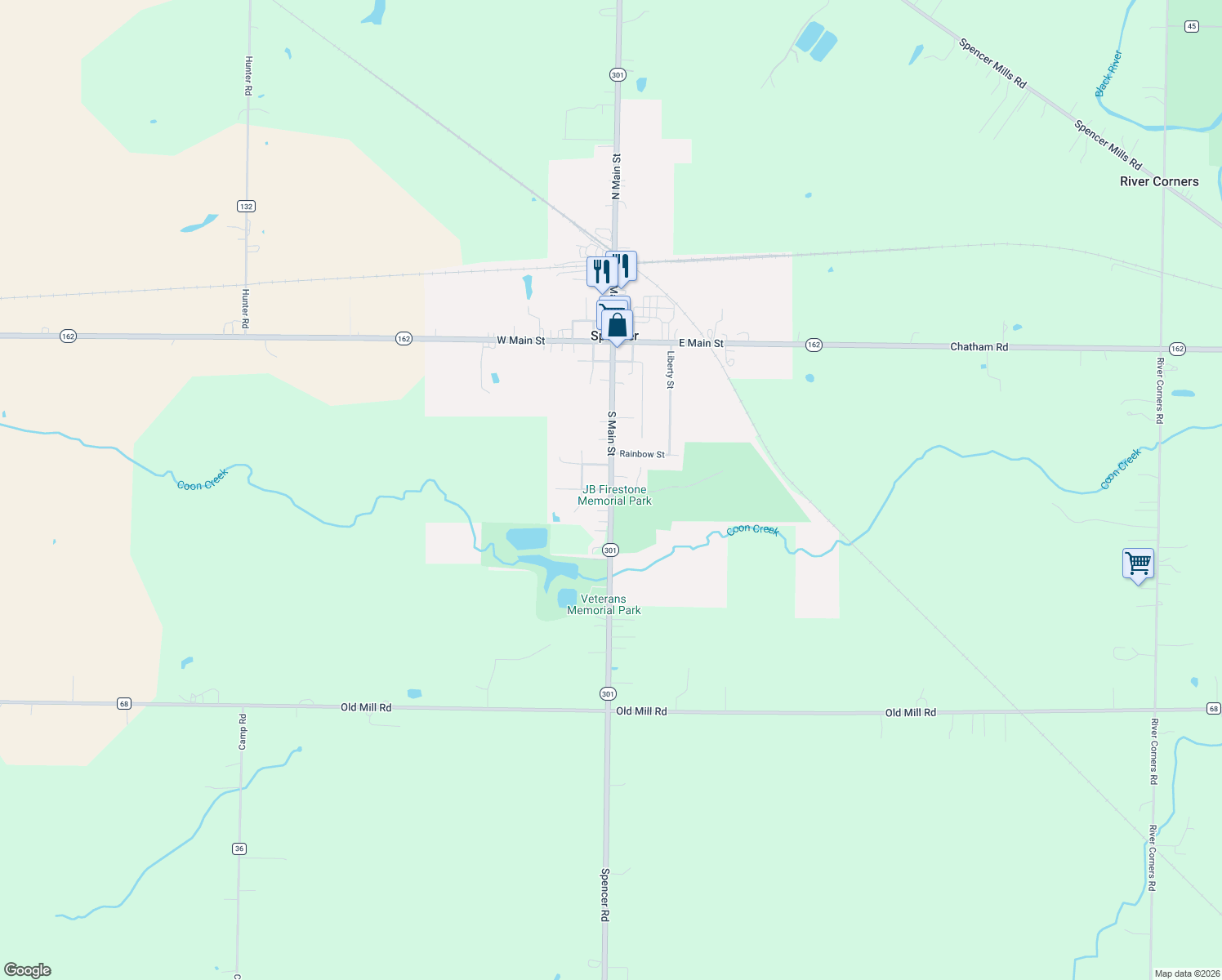 map of restaurants, bars, coffee shops, grocery stores, and more near 406 South Main Street in Spencer