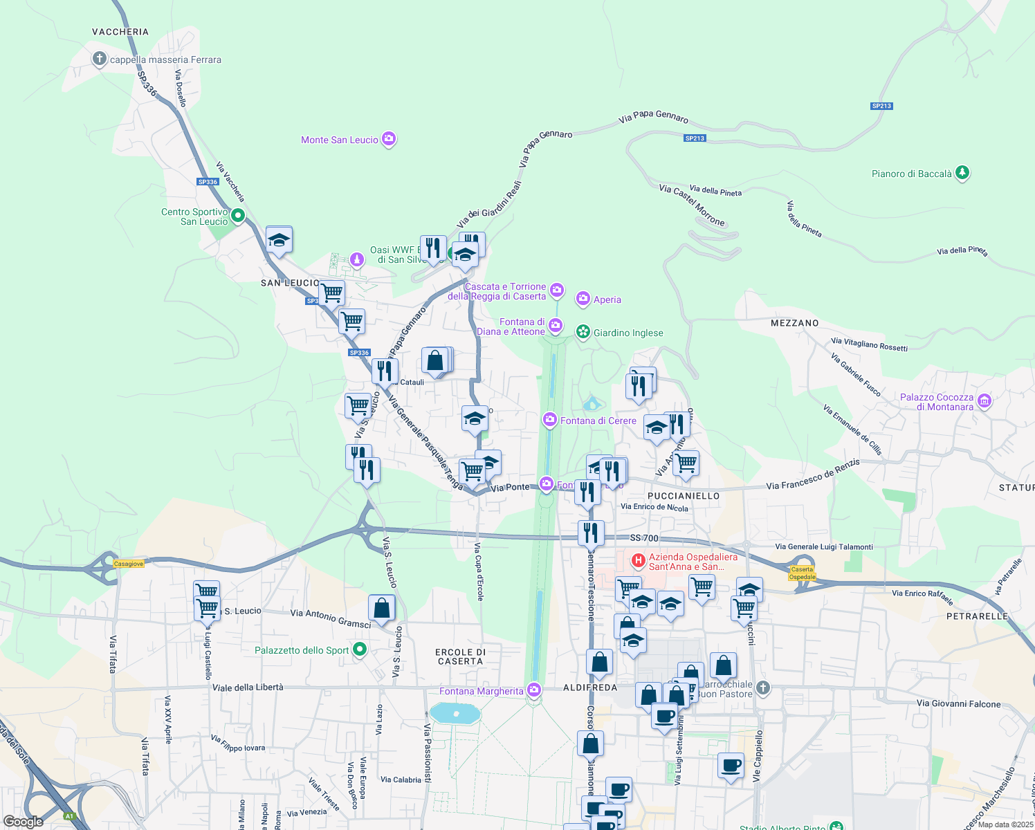 map of restaurants, bars, coffee shops, grocery stores, and more near 34 Via Gerusalemme in Caserta