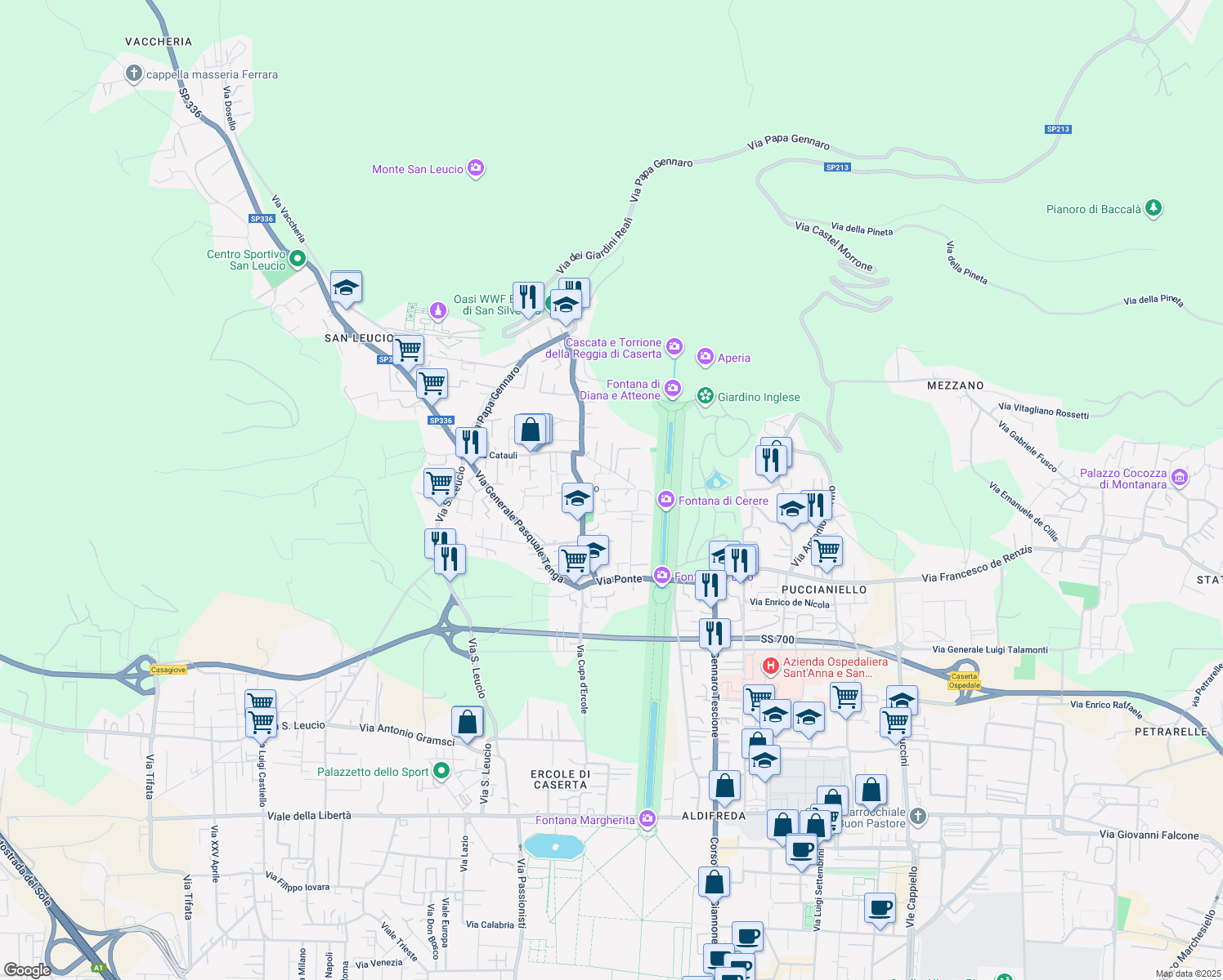 map of restaurants, bars, coffee shops, grocery stores, and more near 34 Via Gerusalemme in Caserta