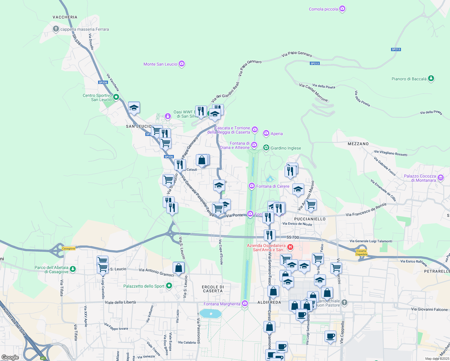 map of restaurants, bars, coffee shops, grocery stores, and more near 4 Via Quercione in Caserta