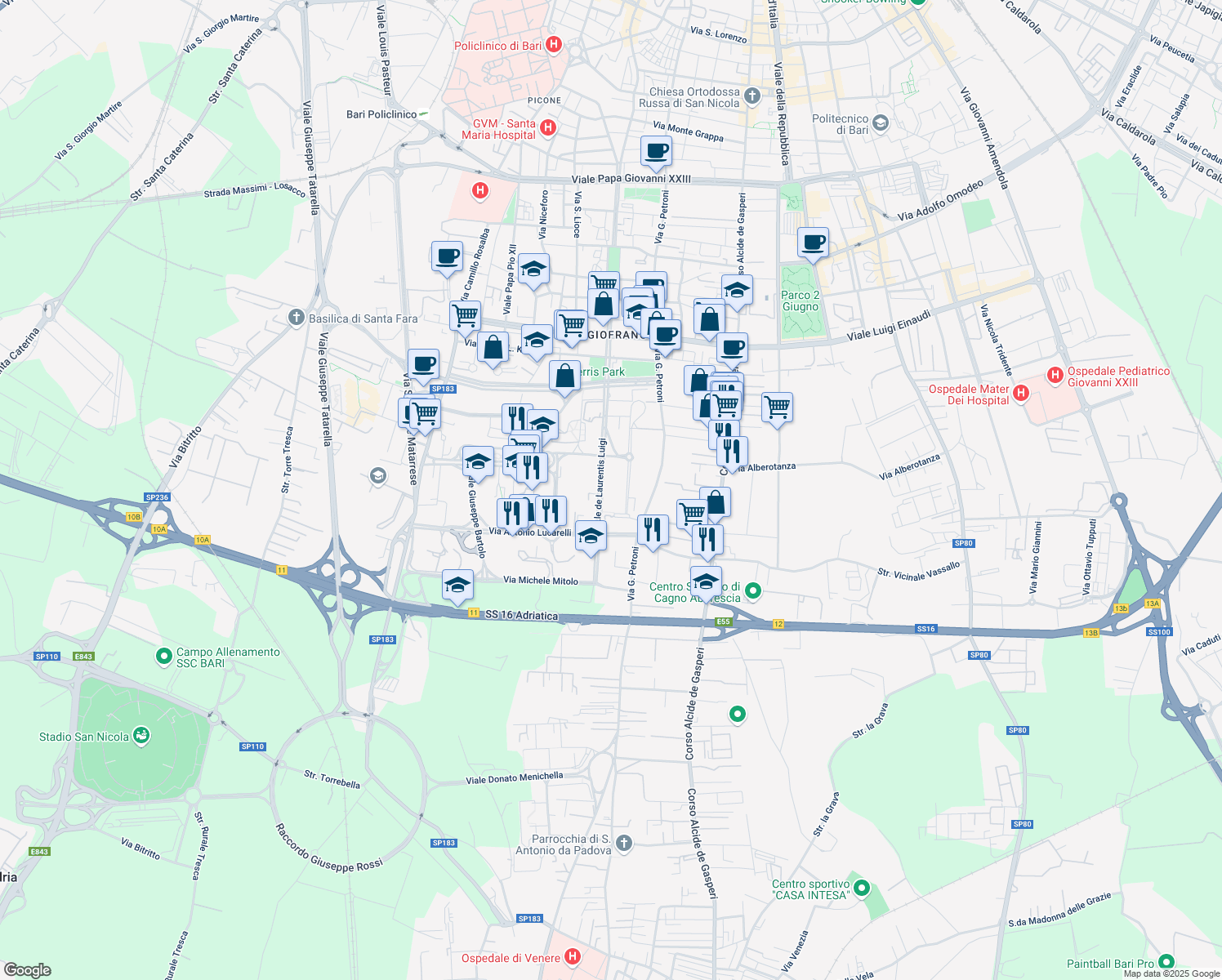 map of restaurants, bars, coffee shops, grocery stores, and more near 24 Viale de Laurentis Luigi in Bari