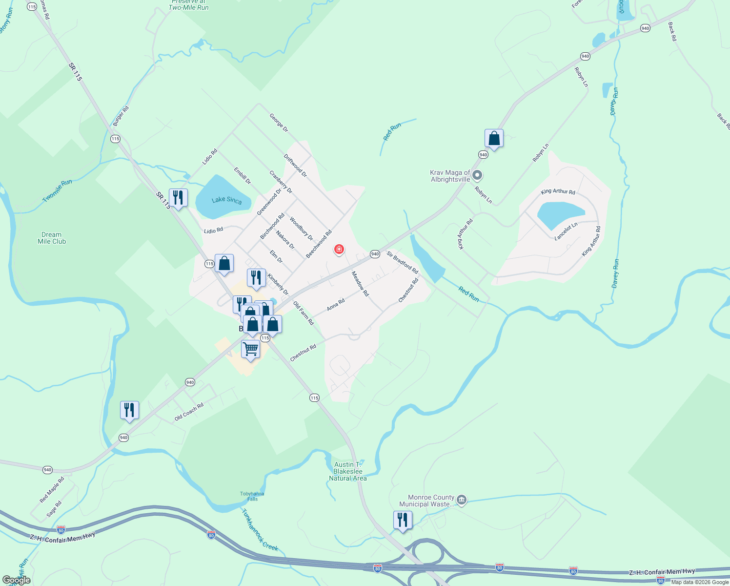 map of restaurants, bars, coffee shops, grocery stores, and more near Maple Rd in Blakeslee