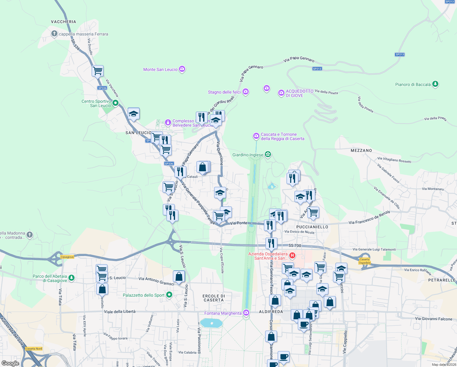 map of restaurants, bars, coffee shops, grocery stores, and more near 29 Via Fratelli Bandiera in Caserta