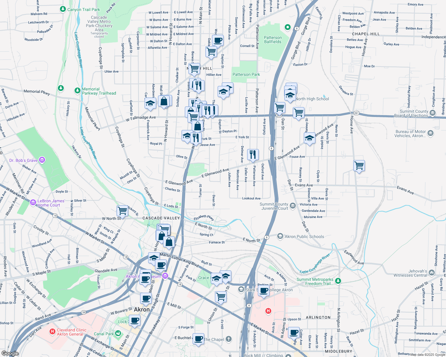 map of restaurants, bars, coffee shops, grocery stores, and more near 369 Dayton St in Akron