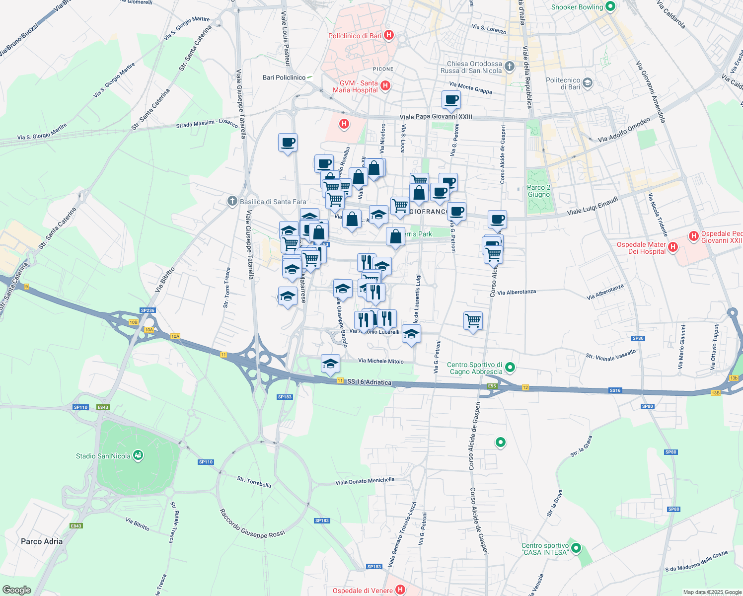 map of restaurants, bars, coffee shops, grocery stores, and more near in Bari