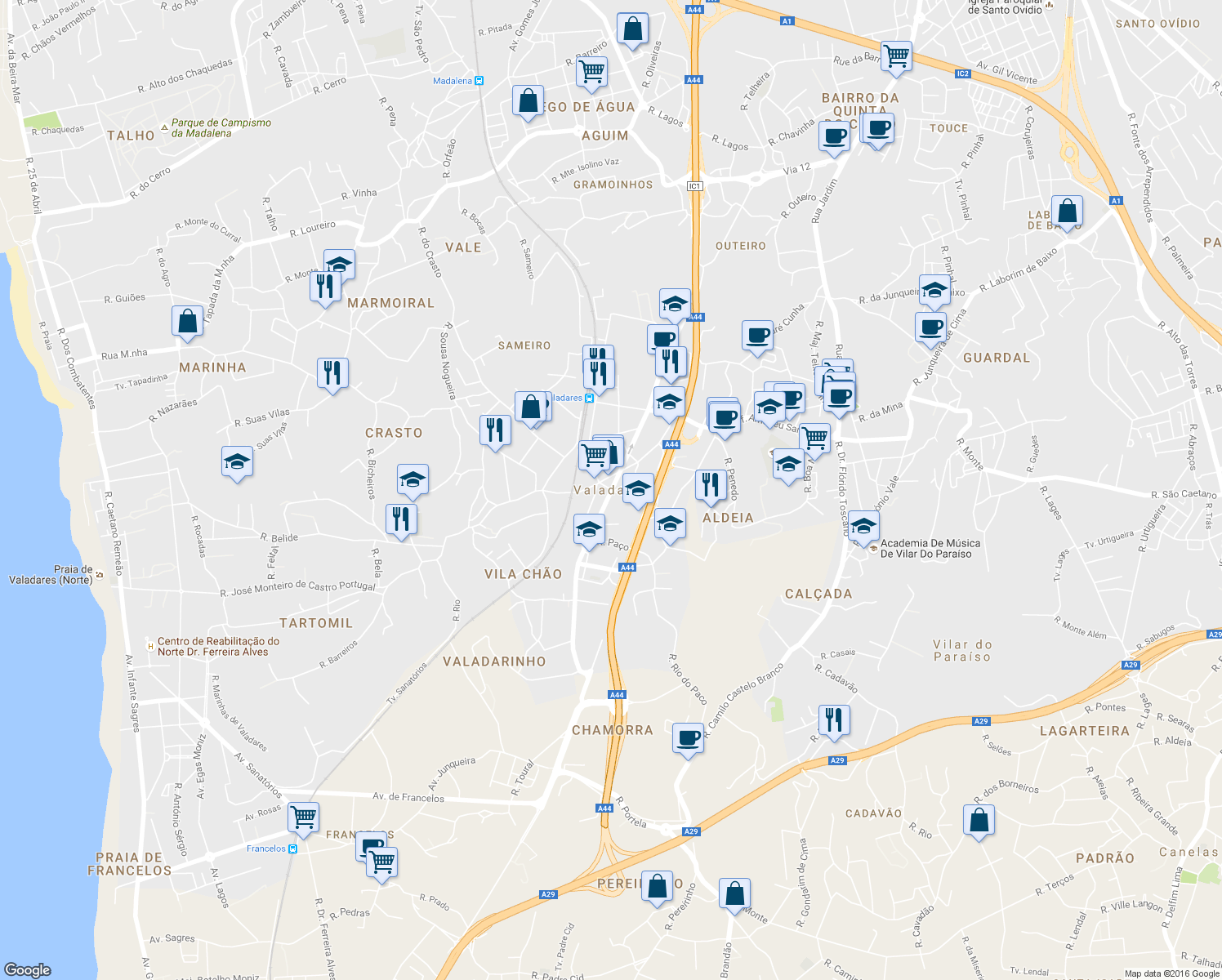 map of restaurants, bars, coffee shops, grocery stores, and more near in Vila Nova de Gaia