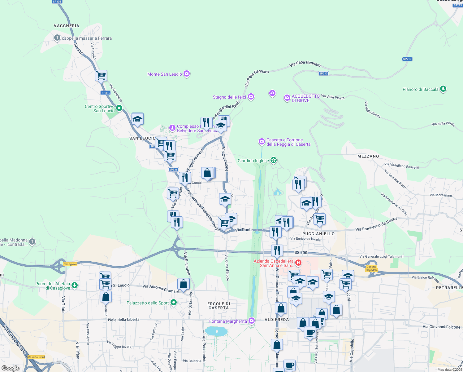 map of restaurants, bars, coffee shops, grocery stores, and more near 29 Via Fratelli Bandiera in Caserta