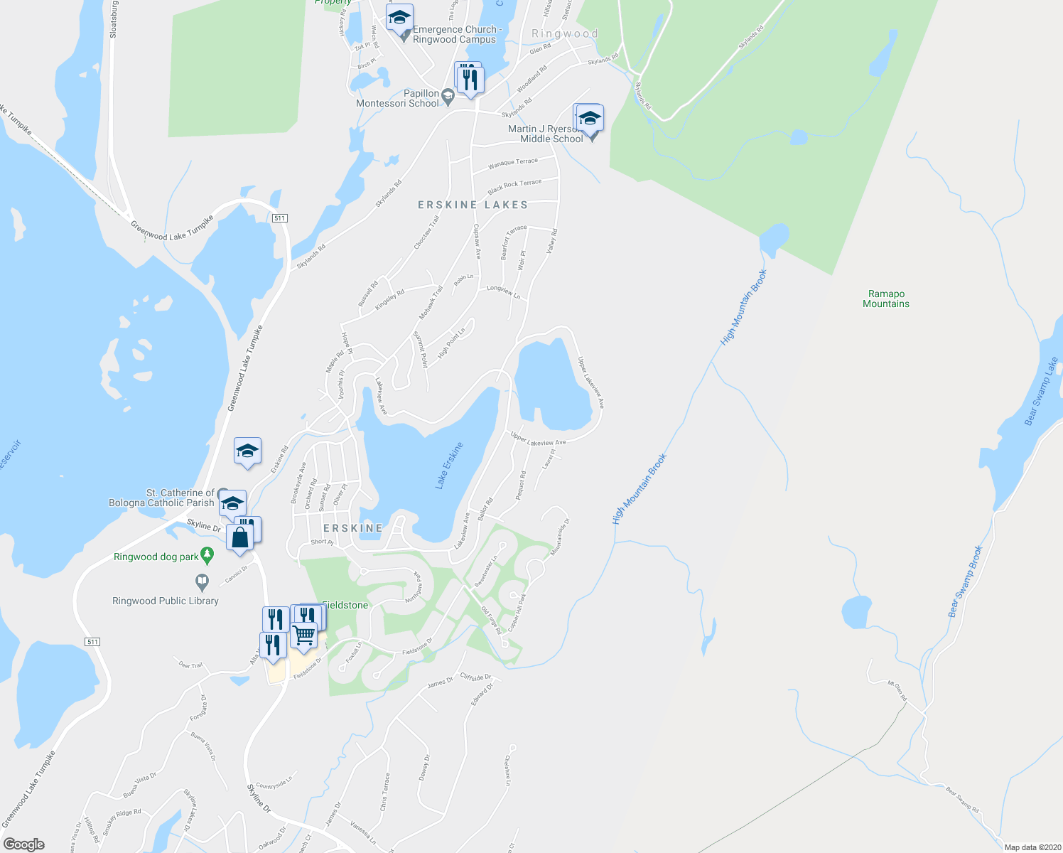 map of restaurants, bars, coffee shops, grocery stores, and more near 21 Upper Lakeview Avenue in Ringwood