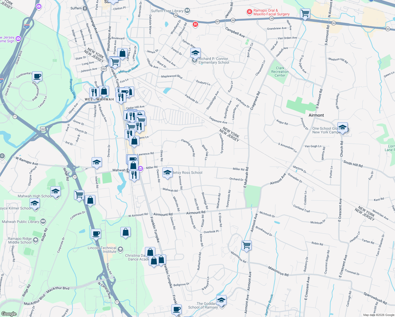 map of restaurants, bars, coffee shops, grocery stores, and more near 59 Flaming Arrow Rd in Mahwah