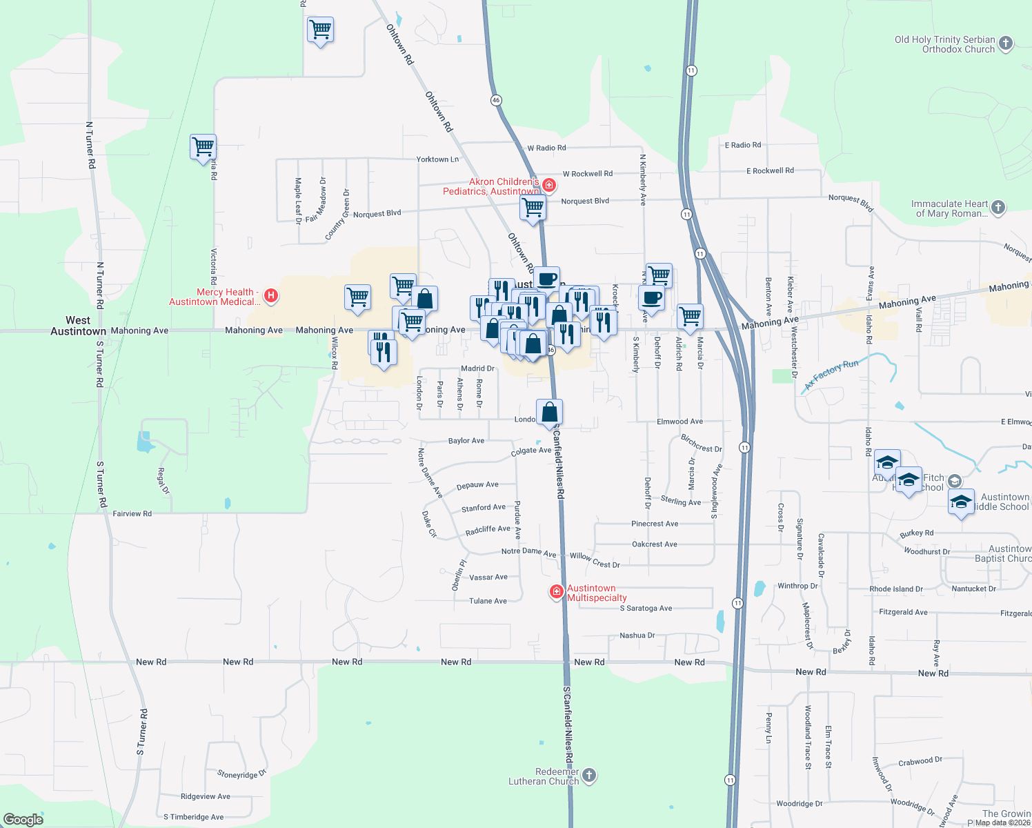 map of restaurants, bars, coffee shops, grocery stores, and more near 5540 London Drive in Youngstown