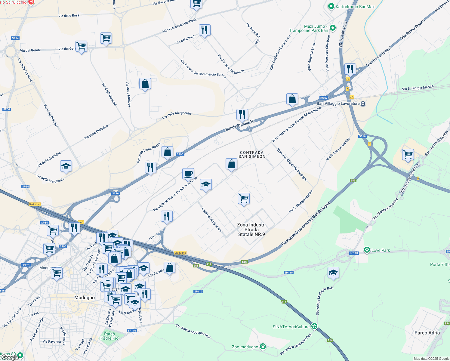 map of restaurants, bars, coffee shops, grocery stores, and more near in Modugno