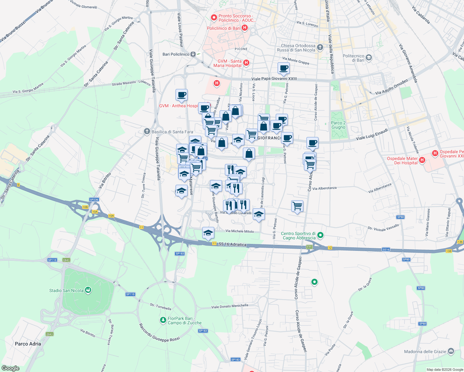 map of restaurants, bars, coffee shops, grocery stores, and more near Via Nicola dell'Andro in Bari