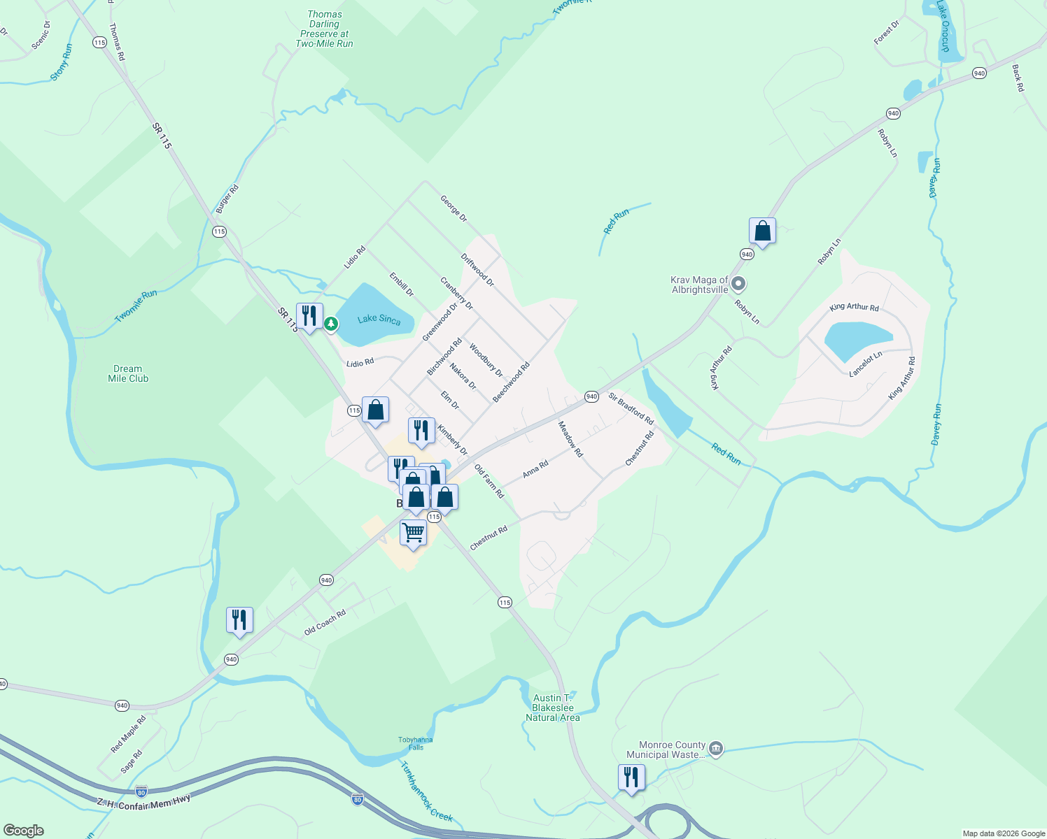 map of restaurants, bars, coffee shops, grocery stores, and more near Pine Road in Monroe