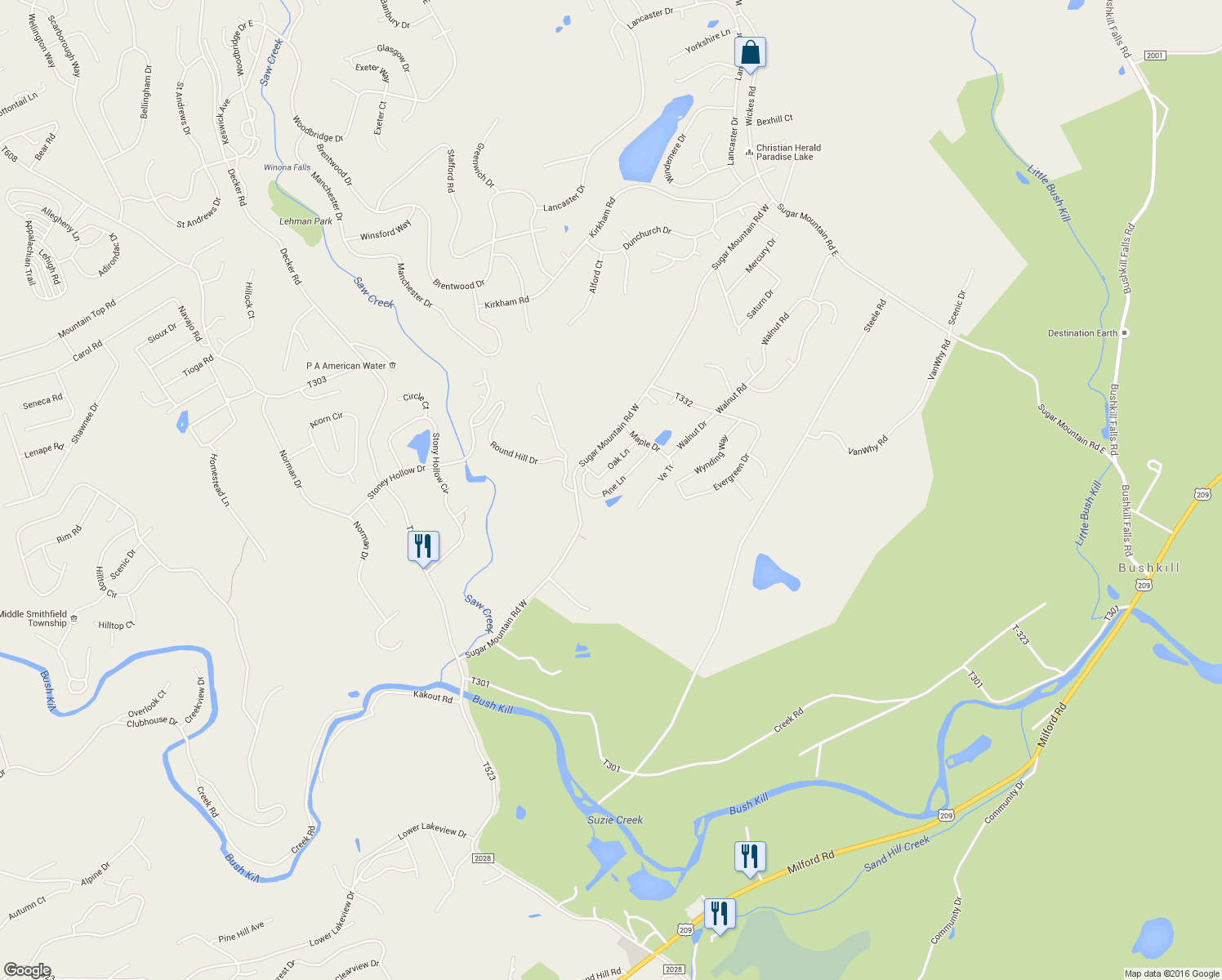 map of restaurants, bars, coffee shops, grocery stores, and more near Pine Lane in Pike County
