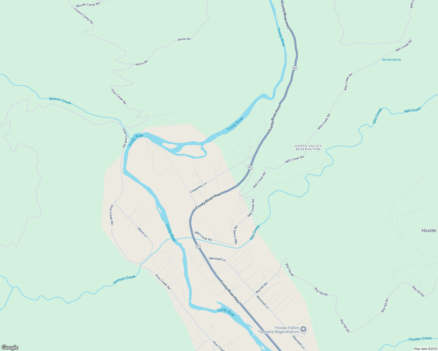 map of restaurants, bars, coffee shops, grocery stores, and more near Carpenter Lane in Hoopa