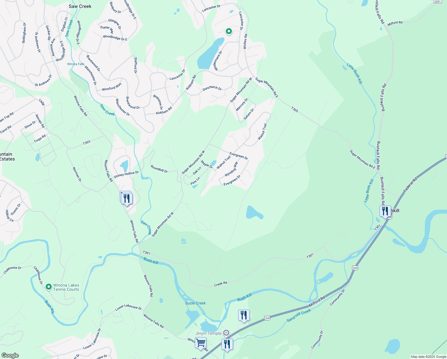 map of restaurants, bars, coffee shops, grocery stores, and more near 252 Wynding Way in Bushkill