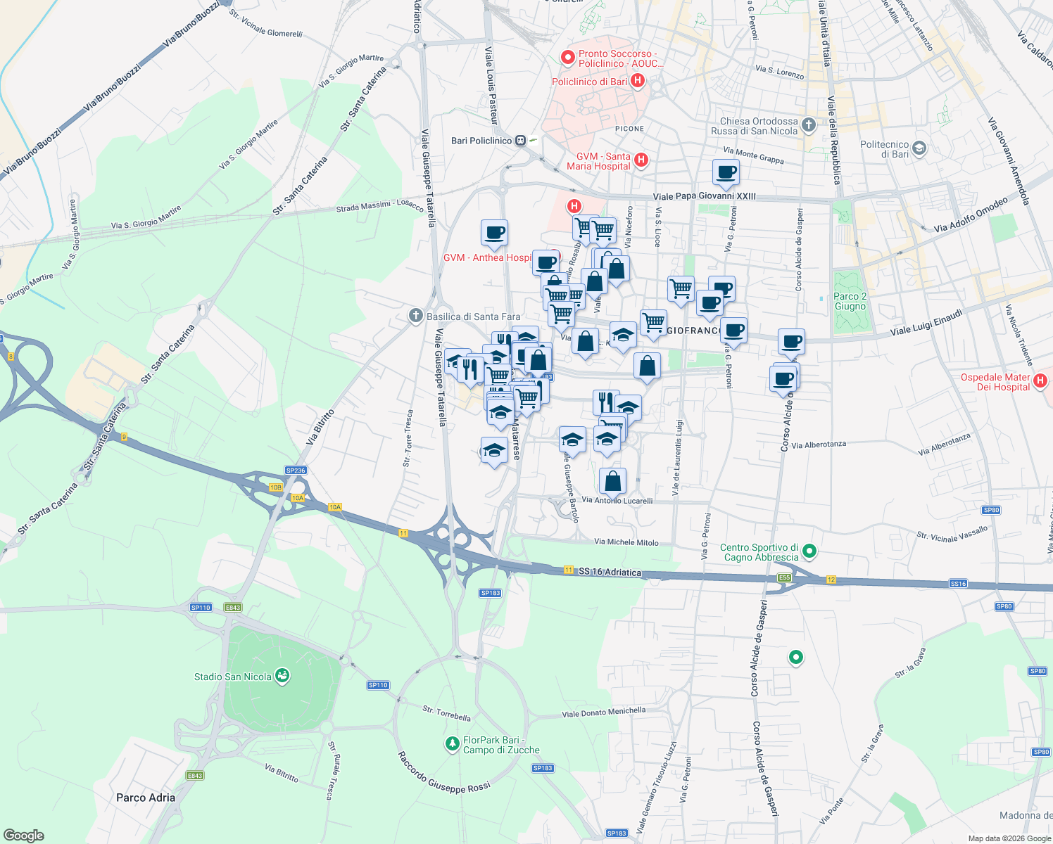 map of restaurants, bars, coffee shops, grocery stores, and more near 49 Via Camillo Rosalba in Bari