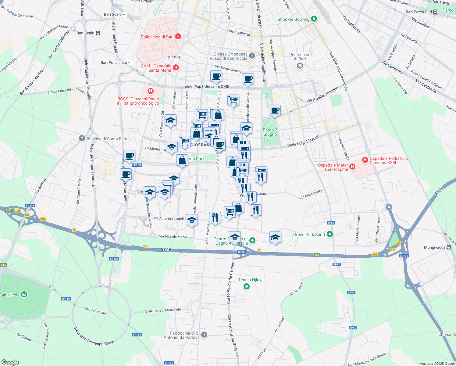 map of restaurants, bars, coffee shops, grocery stores, and more near 7 Via Saverio La Sorsa in Bari