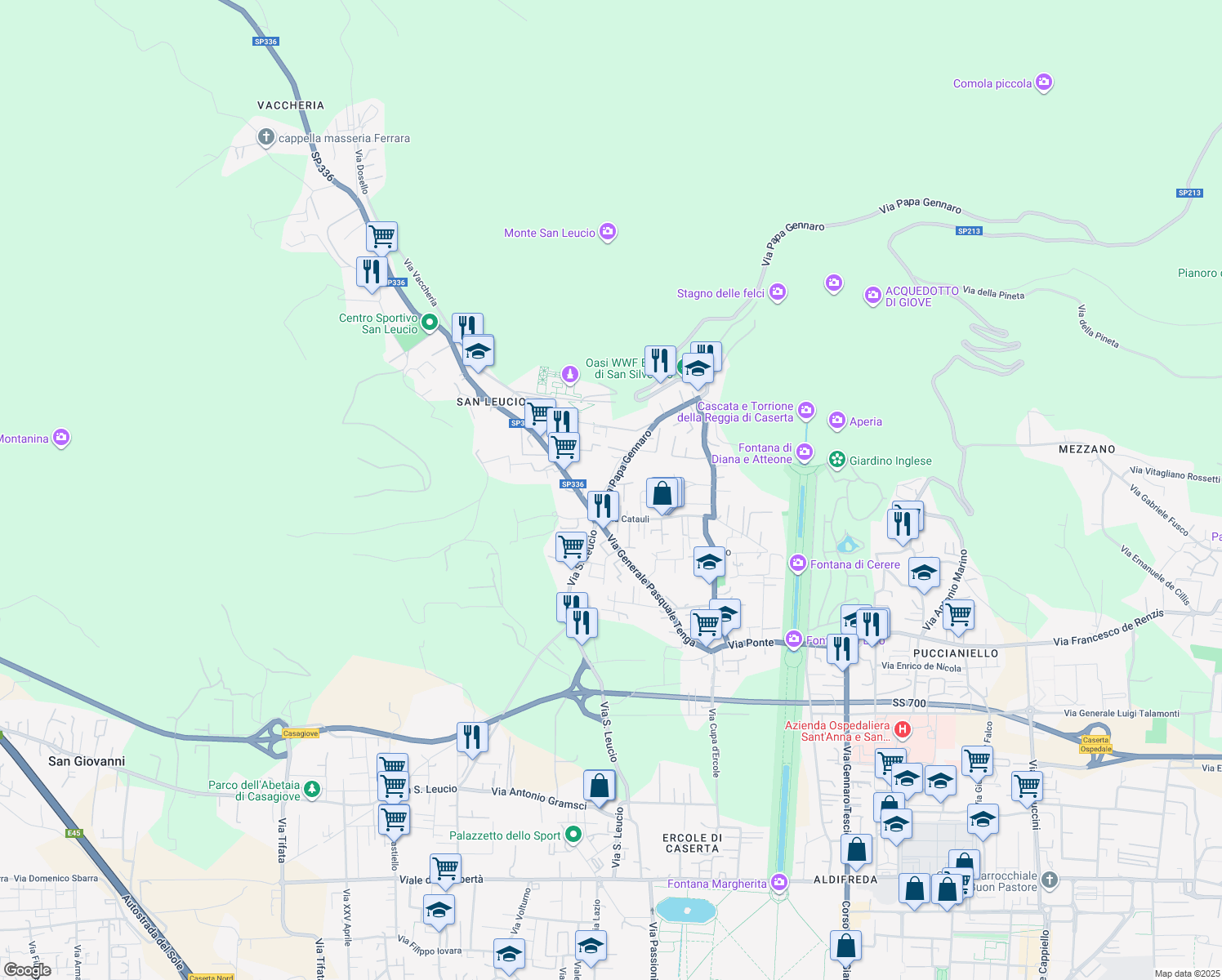 map of restaurants, bars, coffee shops, grocery stores, and more near 20 Via Papa Gennaro in Caserta