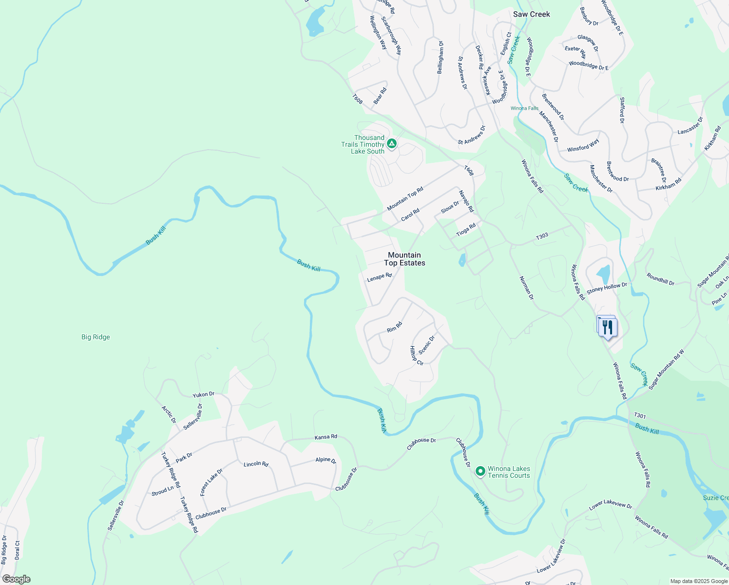 map of restaurants, bars, coffee shops, grocery stores, and more near 345 Papoose Drive in East Stroudsburg