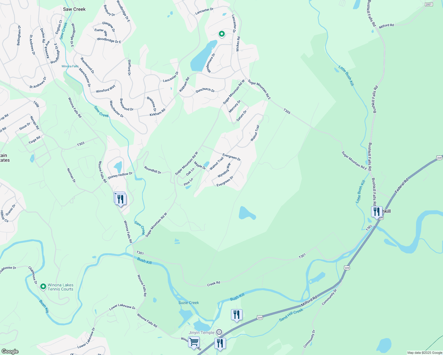 map of restaurants, bars, coffee shops, grocery stores, and more near 260 Wynding Way in Bushkill
