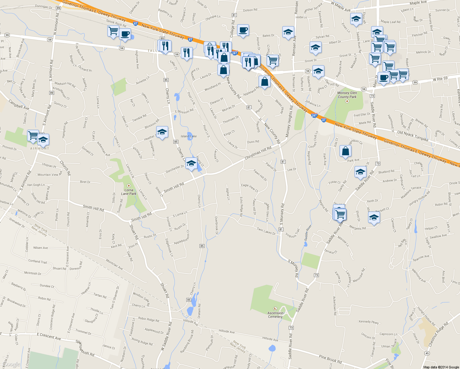map of restaurants, bars, coffee shops, grocery stores, and more near 11 Alpha Lane in Airmont