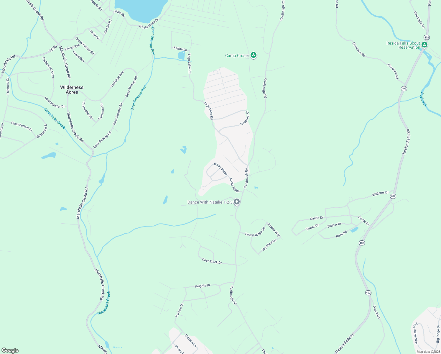 map of restaurants, bars, coffee shops, grocery stores, and more near 57 Rocky Ridge in East Stroudsburg