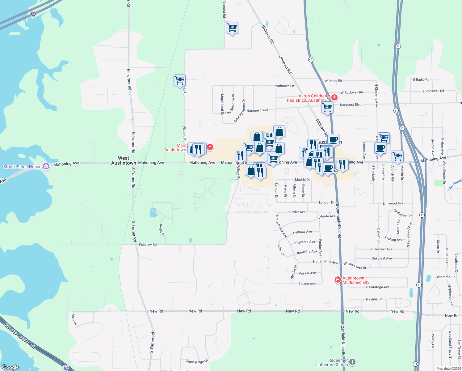 map of restaurants, bars, coffee shops, grocery stores, and more near 350 Wilcox Rd in Youngstown