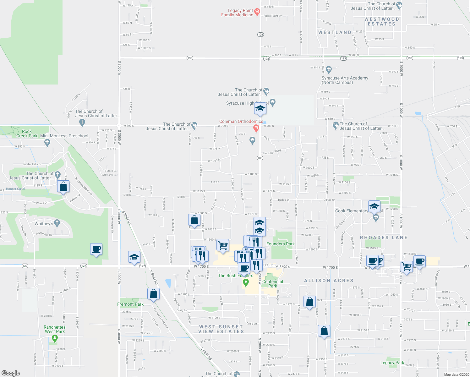 map of restaurants, bars, coffee shops, grocery stores, and more near 2170 West 1175 South in Syracuse