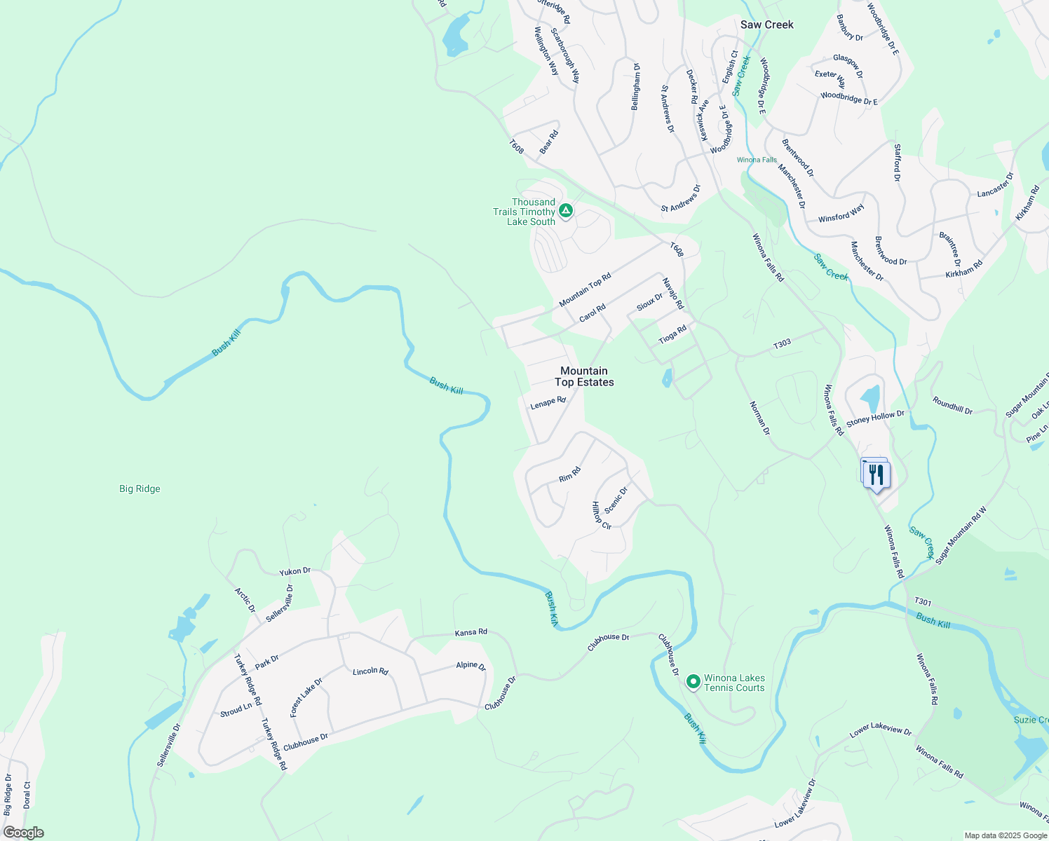 map of restaurants, bars, coffee shops, grocery stores, and more near 343 Papoose Drive in East Stroudsburg