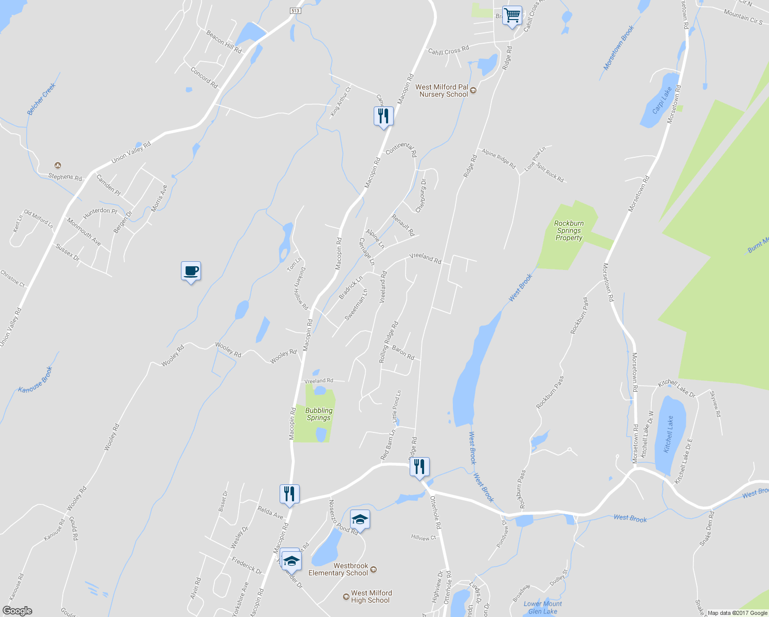 map of restaurants, bars, coffee shops, grocery stores, and more near 112 Vreeland Road in West Milford