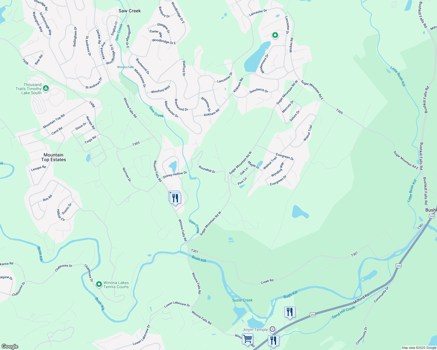map of restaurants, bars, coffee shops, grocery stores, and more near 113 Roundhill Drive in Bushkill