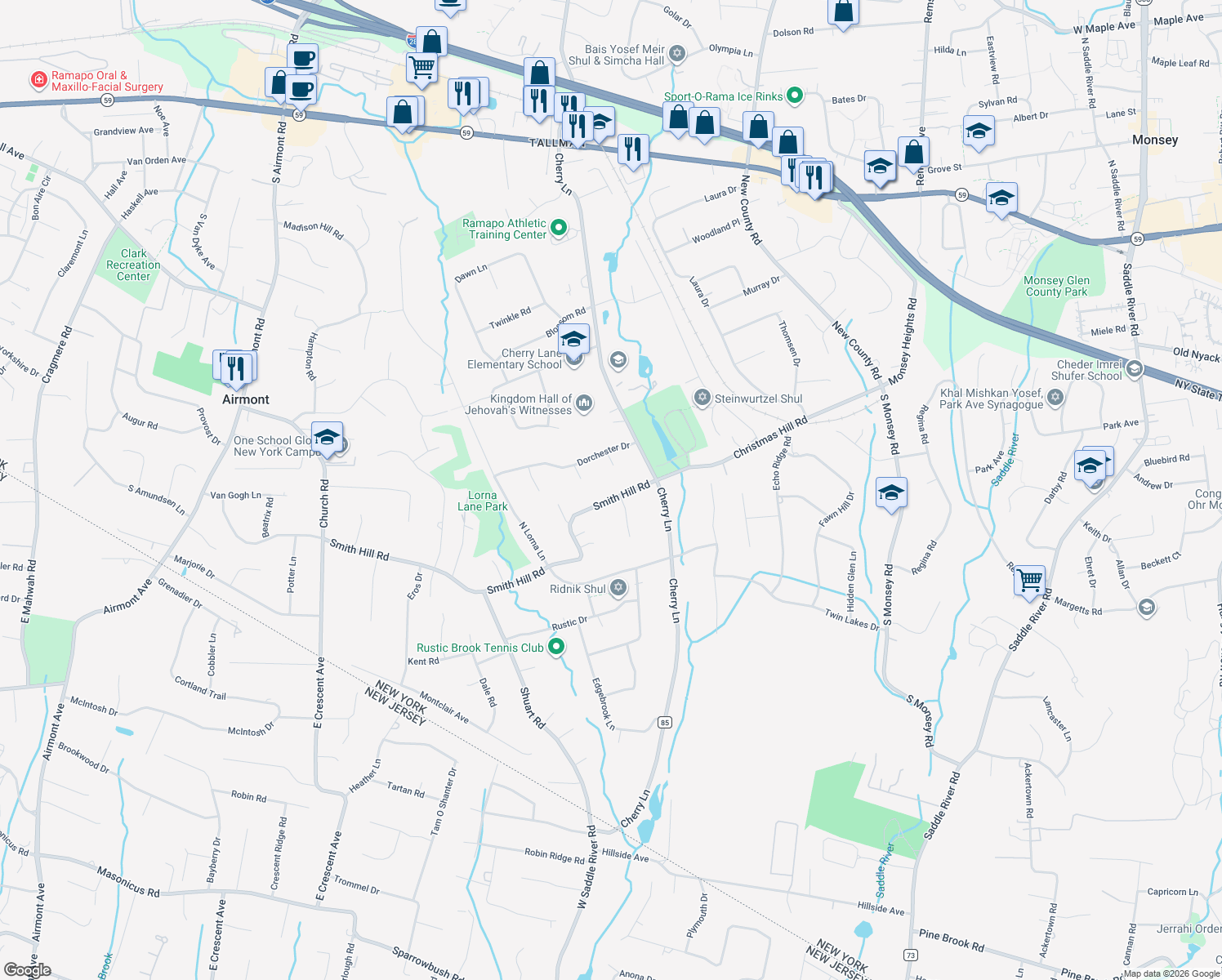 map of restaurants, bars, coffee shops, grocery stores, and more near 18 Smith Hill Road in Airmont