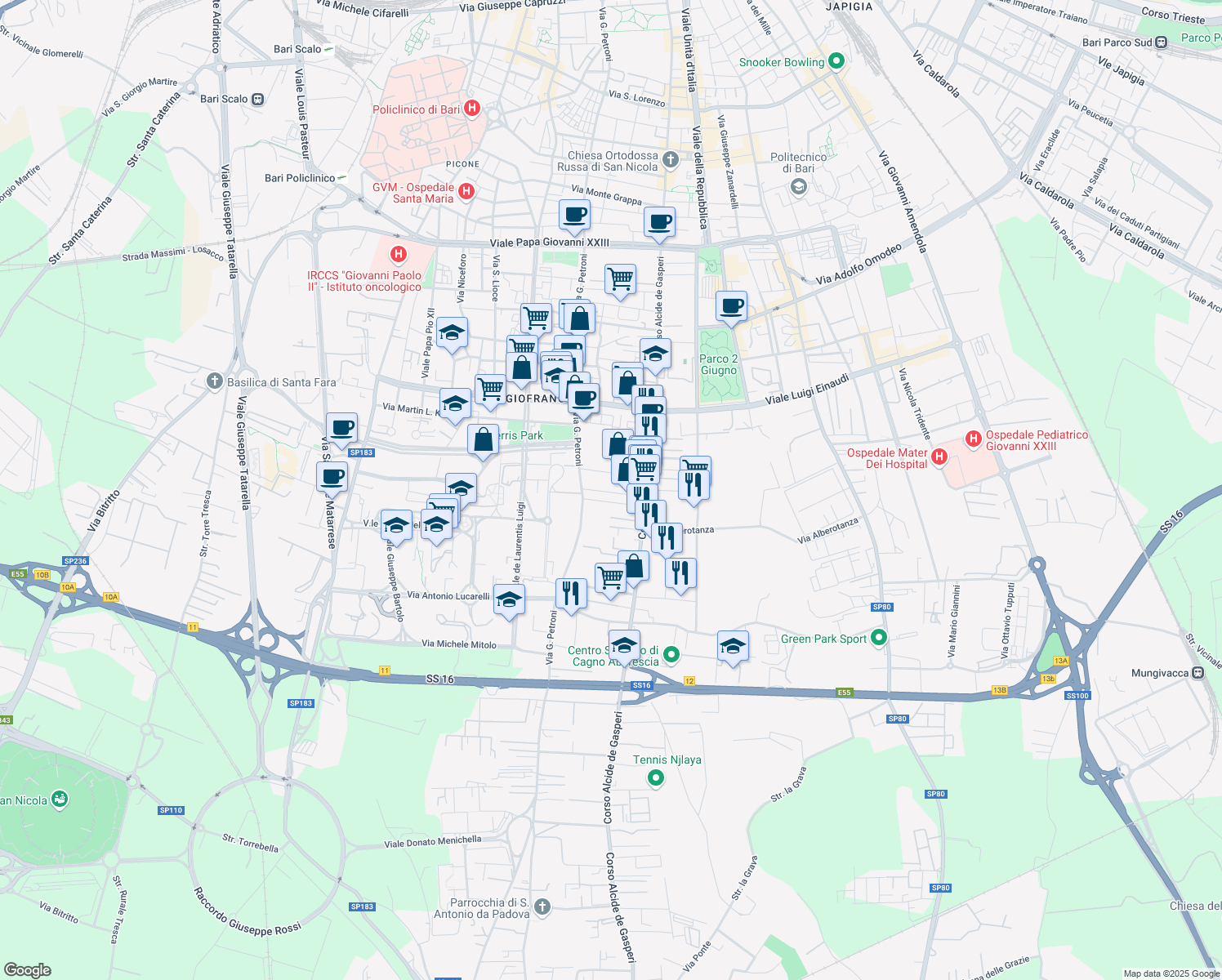 map of restaurants, bars, coffee shops, grocery stores, and more near 7 Via Saverio La Sorsa in Bari