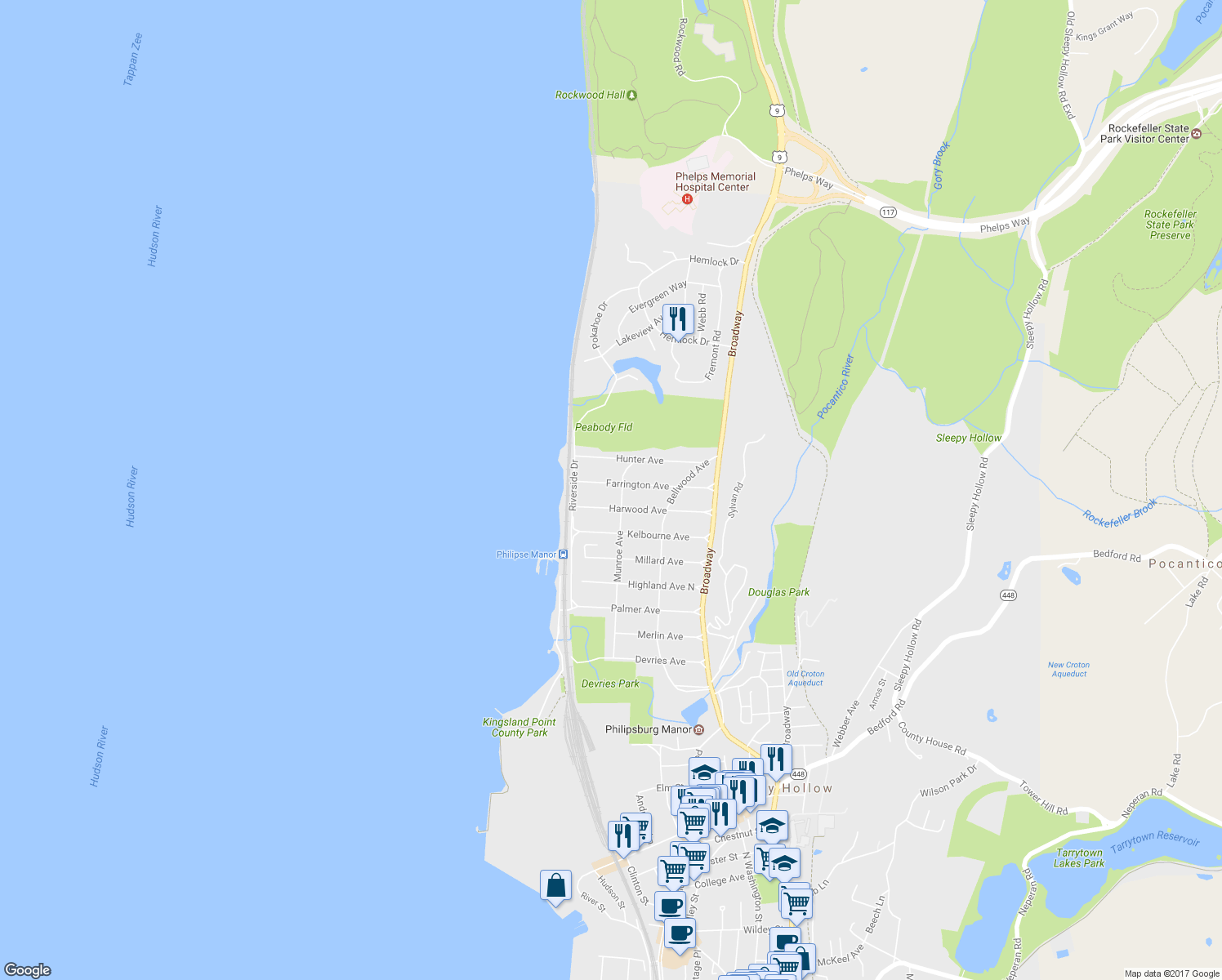map of restaurants, bars, coffee shops, grocery stores, and more near 254 Farrington Avenue in Philipse Manor