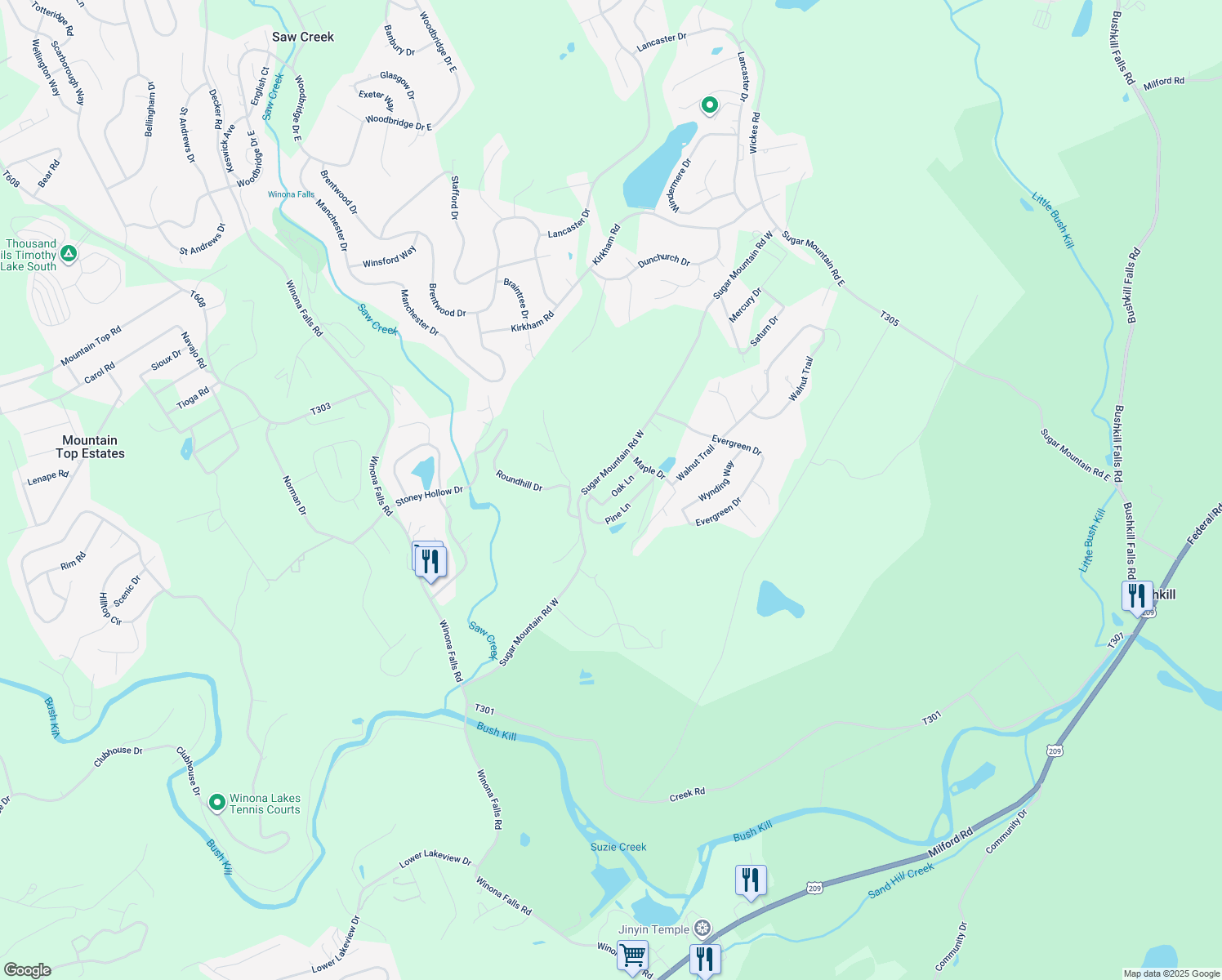 map of restaurants, bars, coffee shops, grocery stores, and more near 4120 Oak Lane in Bushkill
